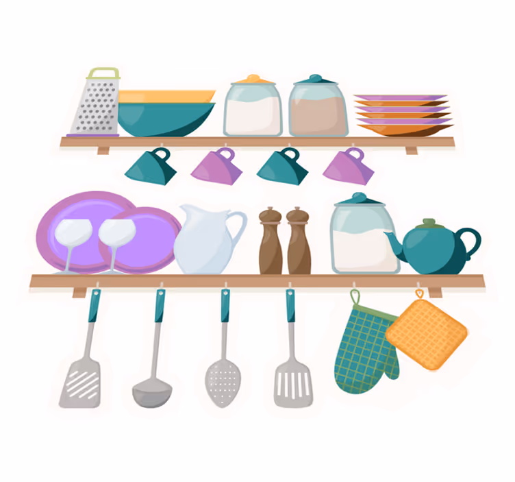 Tapete vinílico cozinha prateleiras com utensílios - TenStickers
