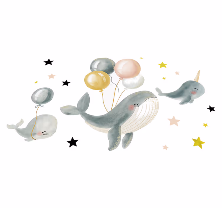 Tapete vinílico quarto com baleias felizes e balões - TenStickers
