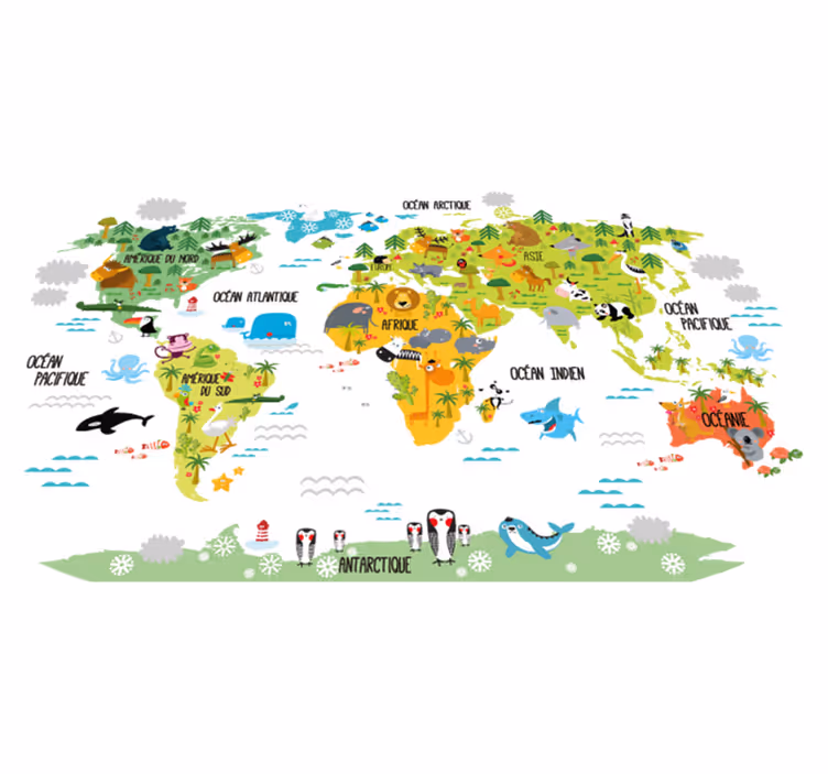 Tapete vinílico de mapa mundial animal infantil - TenStickers