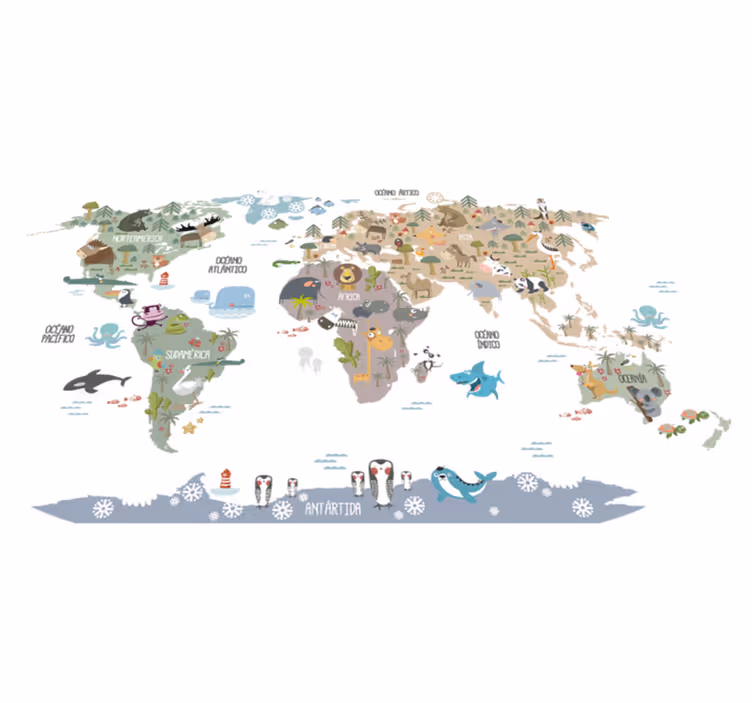 Tapete vinílico de mapa mundial com animais em tons pastel - TenStickers