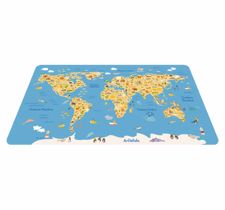 Tapete vinílico de mapa mundial com fauna infantil - TenStickers