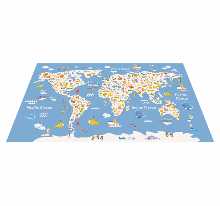Tapete vinílico de mapa mundial com fauna branca infantil - TenStickers