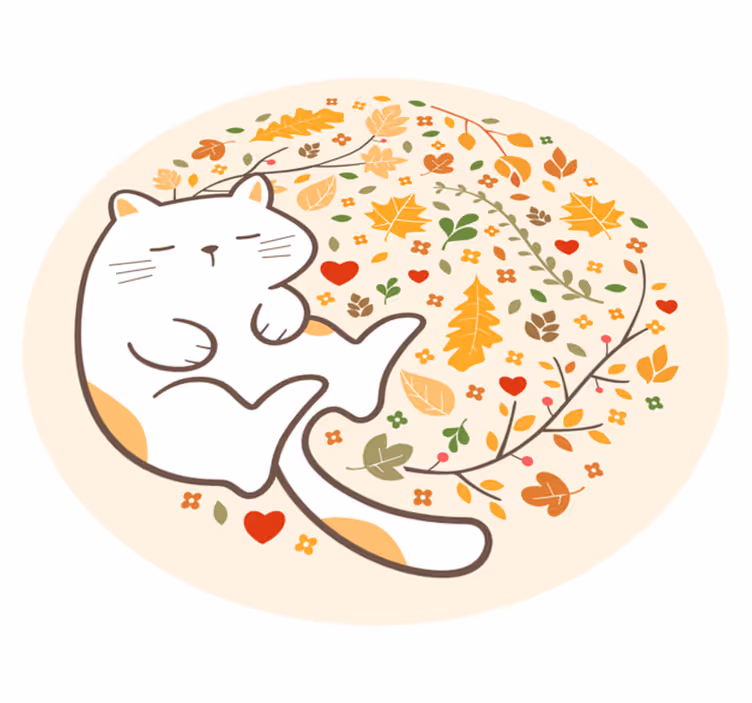 Gato dormindo e tapete de vinil com folhas de outono - TenStickers