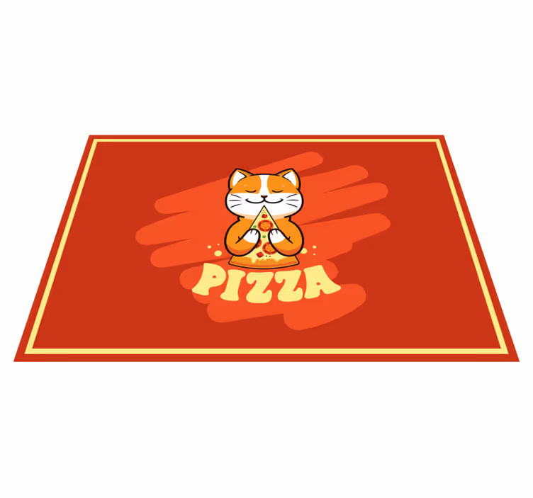 Gato comendo pizza no piso da cozinha - TenStickers