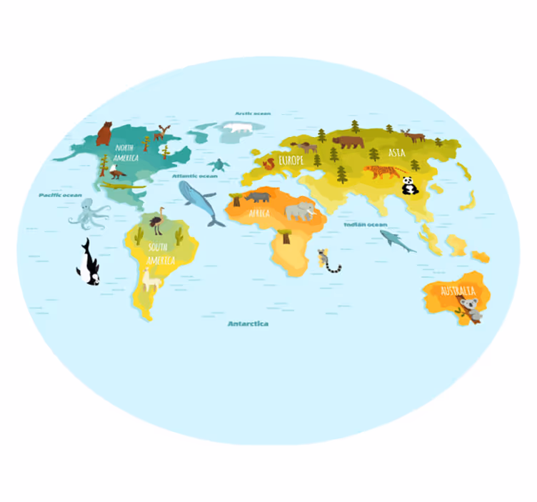 Tapete vinílico de mapa mundial mapa de animais ilustrado - TenStickers