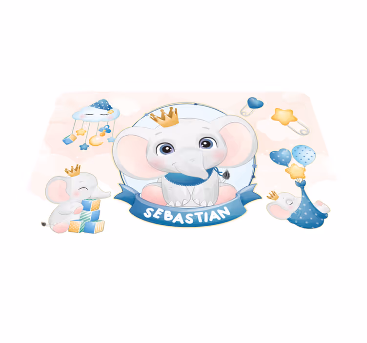 Tapete vinílico com nome elefante coroado brincalhão - TenStickers