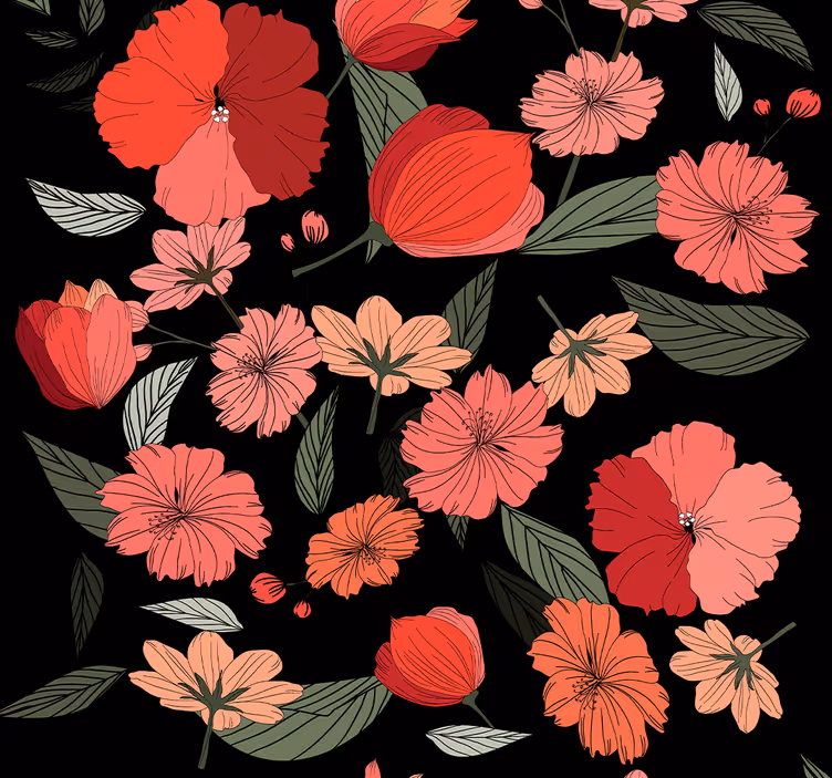 papel de parede flores motivo de padrão preto - TenStickers