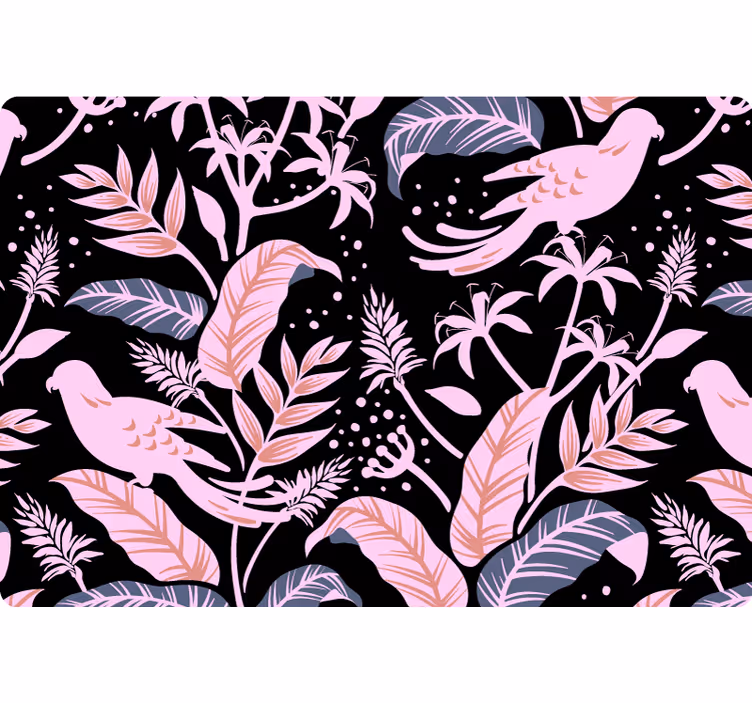 Papel de parede natureza pássaros pretos e rosas em folhas - TenStickers