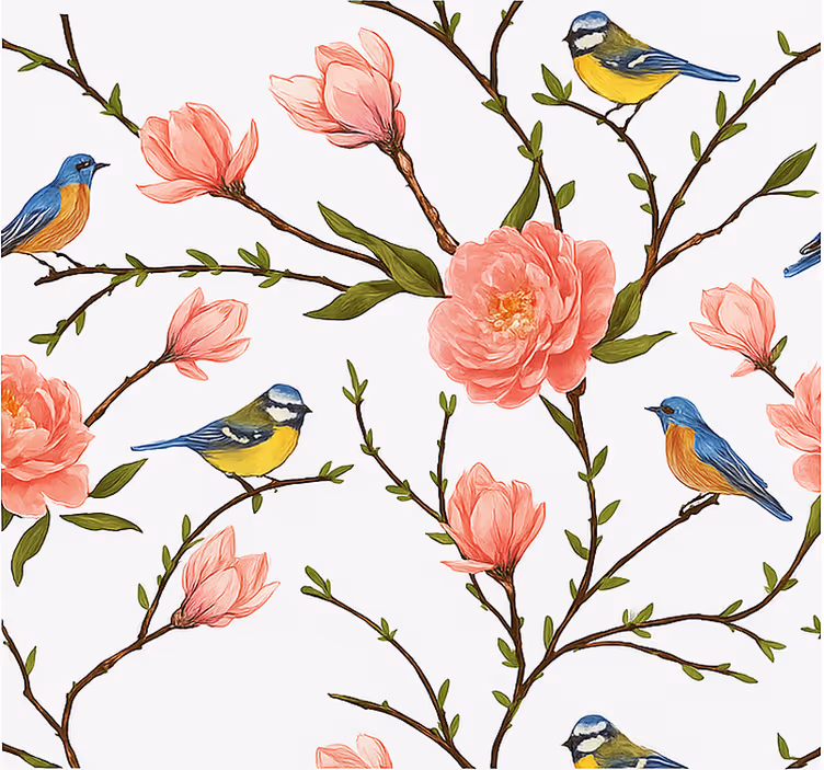 Papel de parede pássaros canário da primavera e peônia - TenStickers