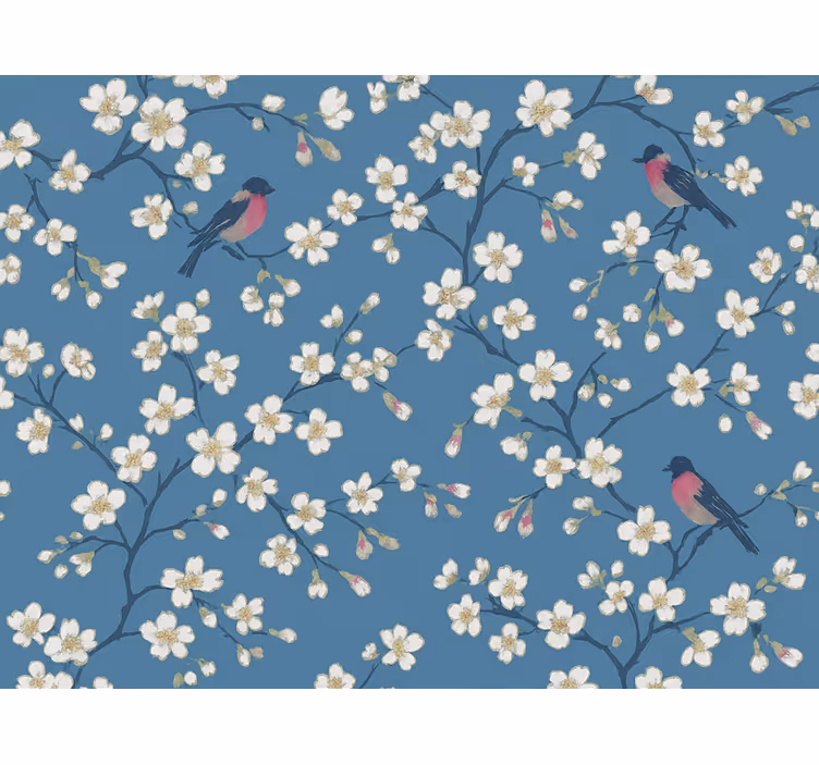 Papel de parede flores pássaros do pomar azul - TenStickers