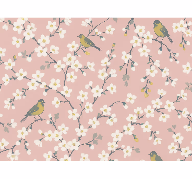 Papel de parede flores pássaros do pomar rosa - TenStickers