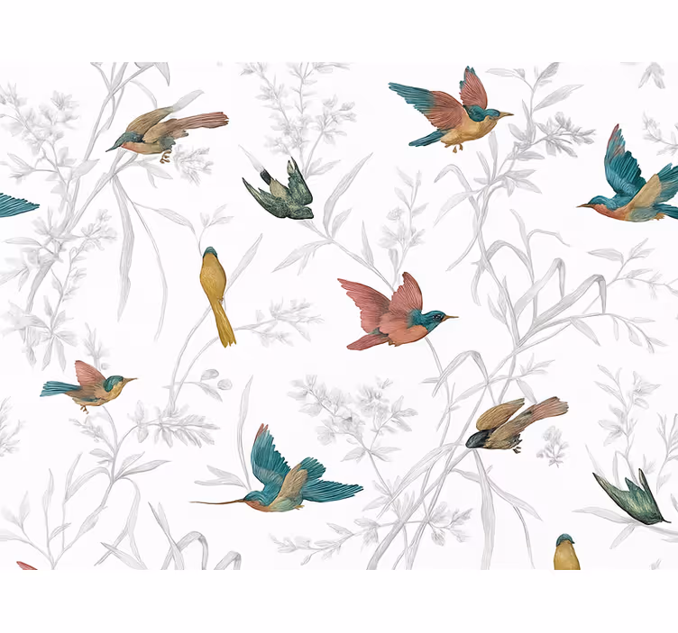 Papel de parede para sala padrão de pássaros e folhas - TenStickers