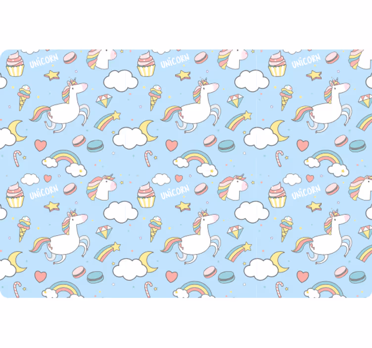 Papel de parede azul com unicórnios e arco-íris fofos - TenStickers