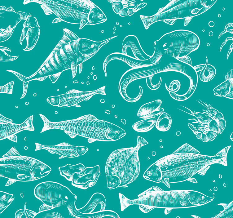 papel parede verde Esboço peixe mão desenhar - TenStickers