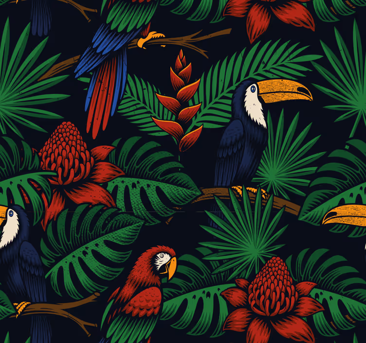 papel de parede de animais Plantas e papagaios da selva escura - TenStickers