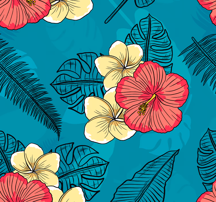 papel de parede flores padrão de hibisco tropical - TenStickers