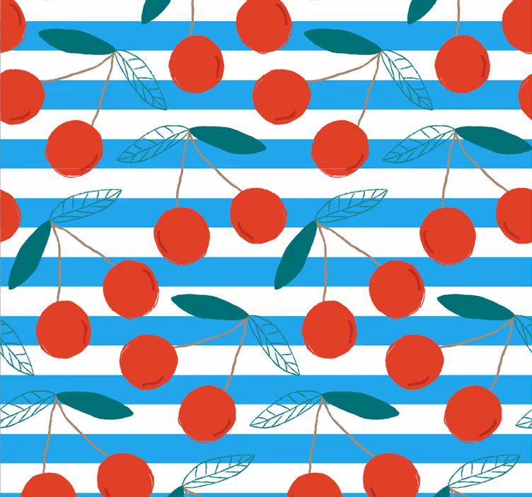 papel de parede para cozinha Padrão de cereja com riscas azuis - TenStickers