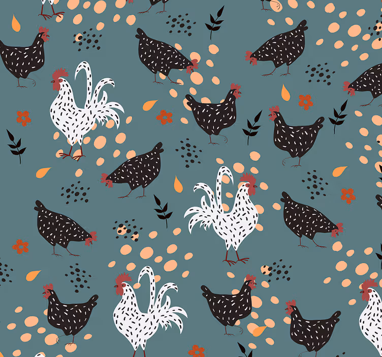 papel de parede para cozinha Galinhas pretas e brancas com flores - TenStickers