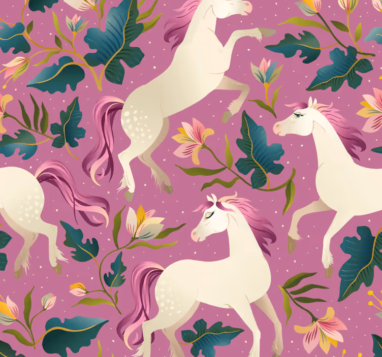 Papel de parede cavalos desenho floral de unicórnio - TenStickers