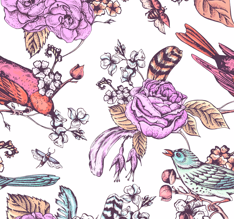 papel de parede de flores desenho floral de pássaro - TenStickers