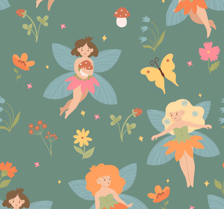 papel de parede quarto de bebé padrão floral de fada - TenStickers
