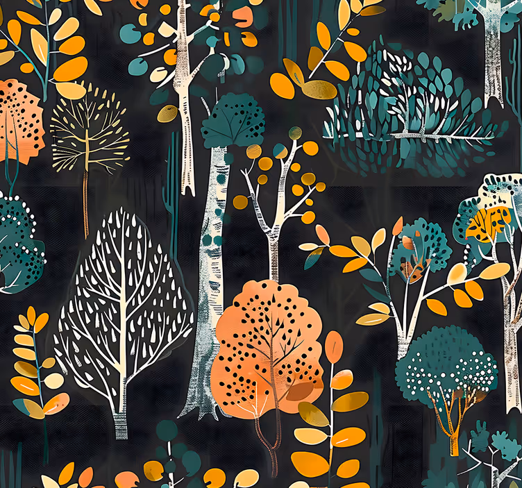 papel de parede entrada padrão de árvores em fundo preto - TenStickers