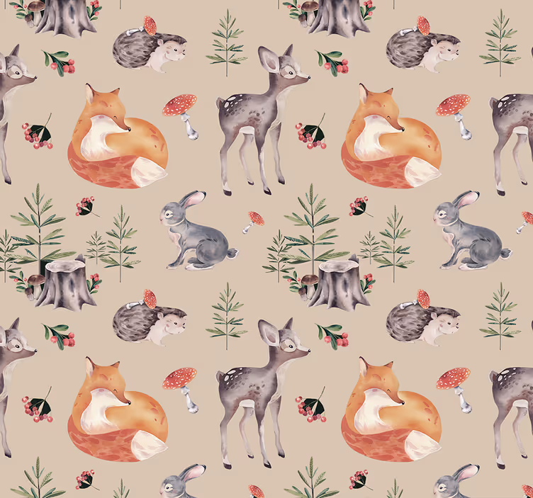 Papel de parede animais padrão de floresta infantil - TenStickers