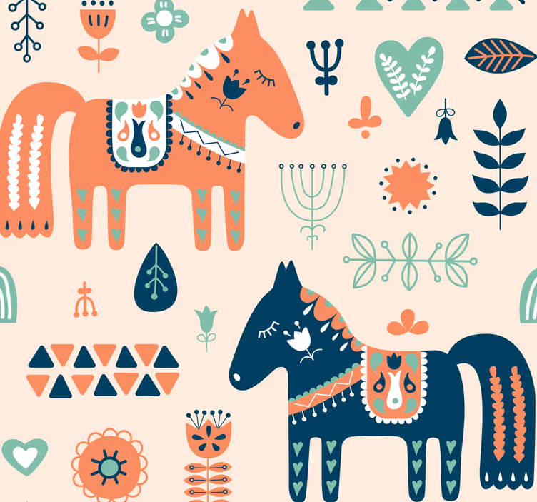 papel de parede para quarto Folhas nórdicas em padrão de cavalo d - TenStickers