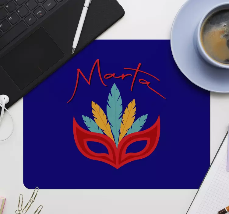 Mouse pad com nome máscara colorida de penas - TenStickers