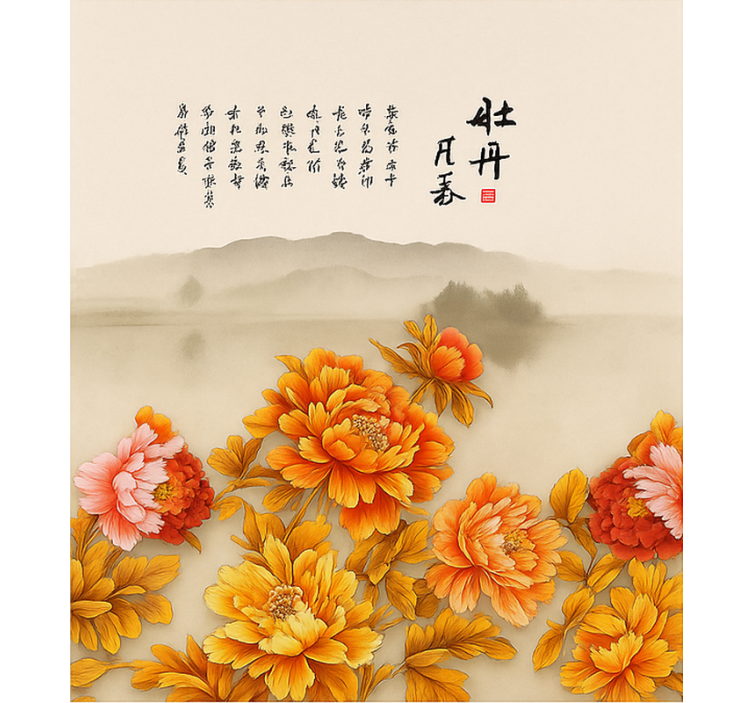 Estore de rolo para sala arte paisagística com peônias - TenStickers