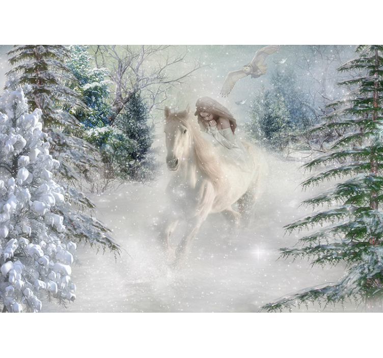 Estore de rolo branco fotomural de cavalos na neve - TenStickers