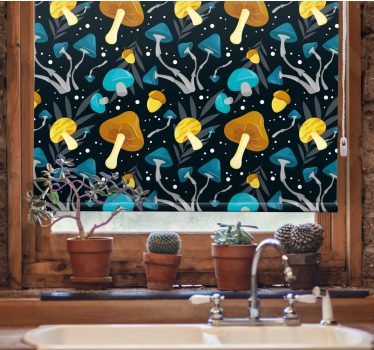 Cortina de janela de cozinha com padrão de cogumelo azul e amarel - TenStickers