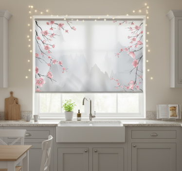 Estore de rolo para cozinha flores de cerejeira e montanhas - TenStickers