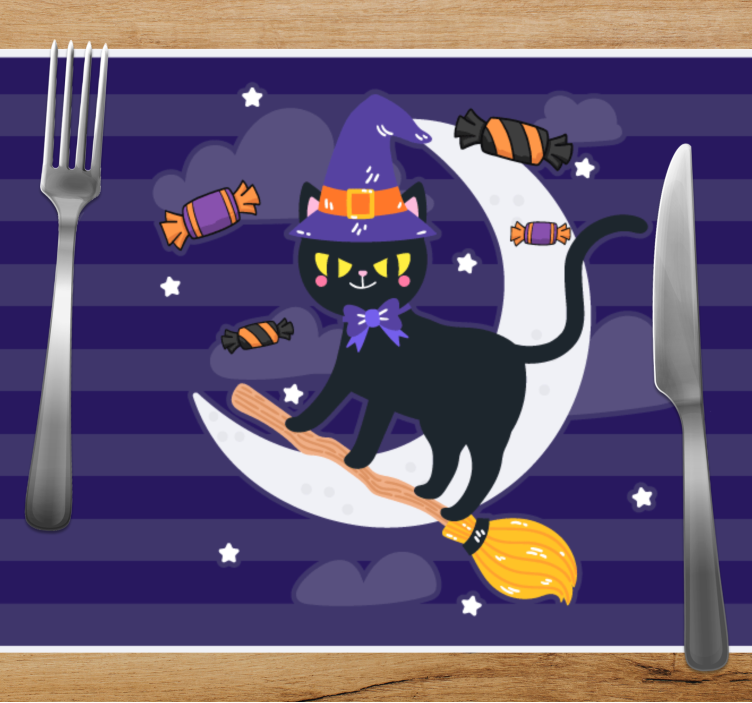 Individual de mesa halloween gato feiticeiro na vassoura - TenStickers
