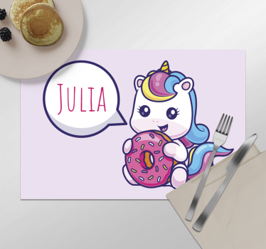 Individuais de mesa com nome unicórnio com donut - TenStickers