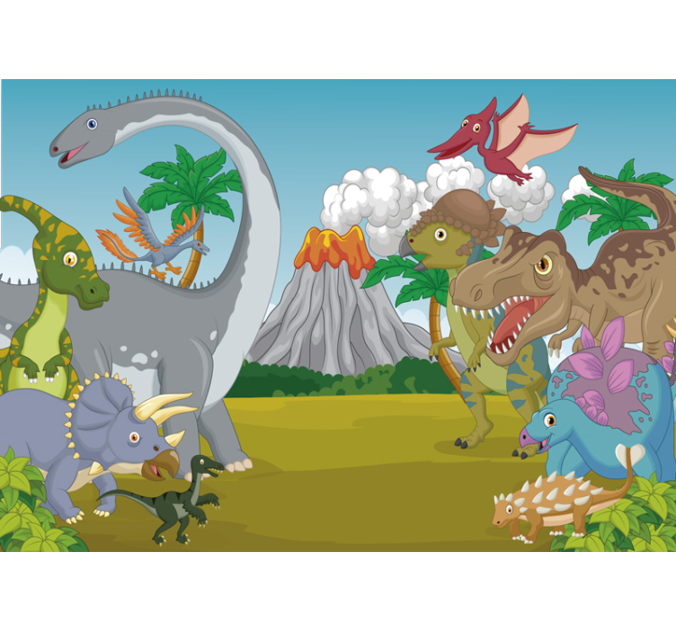 Mural de parede de crianças dinossauros e vulcão - TenStickers
