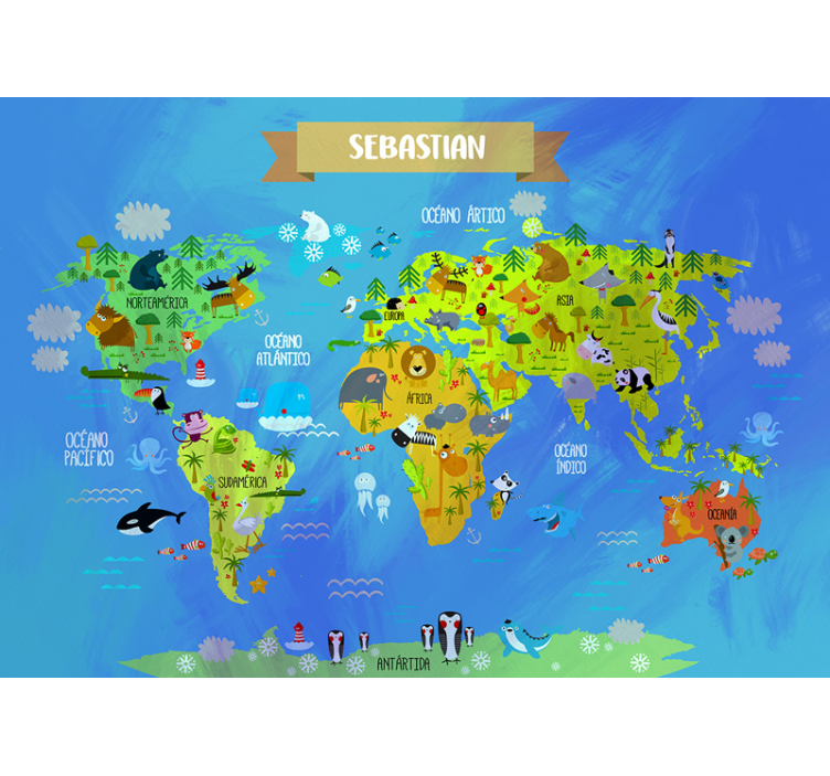 Mural de parede mapa mundial Mapa mundi com animais - TenStickers
