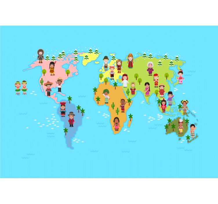 fotomural de mapa mundial de personagens infantis - TenStickers