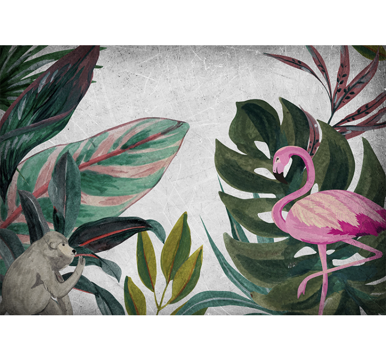Fotomurais de paisagens Folhas tropicais com macacos e flamingo - TenStickers