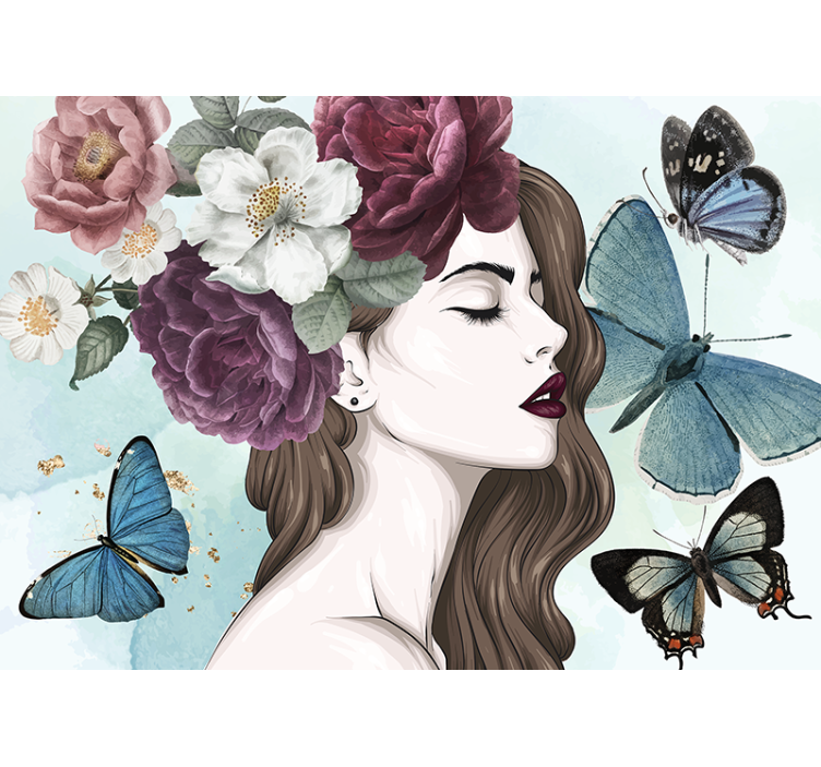 Fotomurais flores mulher com borboletas - TenStickers