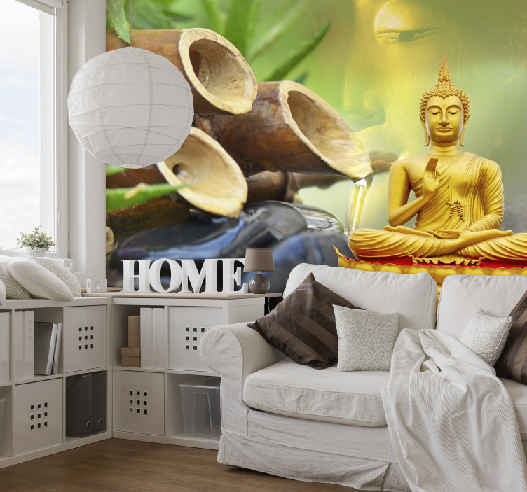 Fotomurais 3D Buda Dourado com Cana de Água - TenStickers