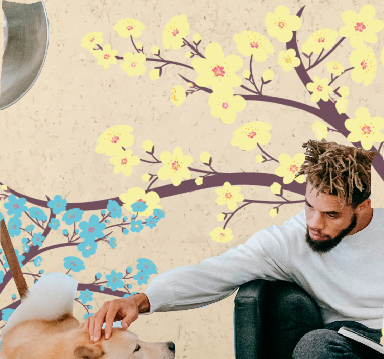 Murais de Parede 3D Flores azuis e amarelas com fundo bege - TenStickers