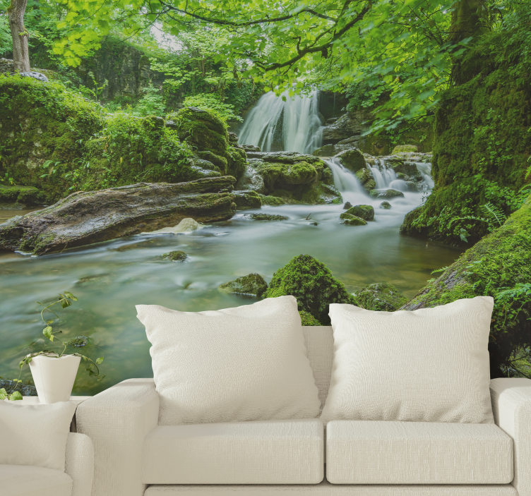 Murais de Parede 3D Floresta com cachoeira e rio - TenStickers