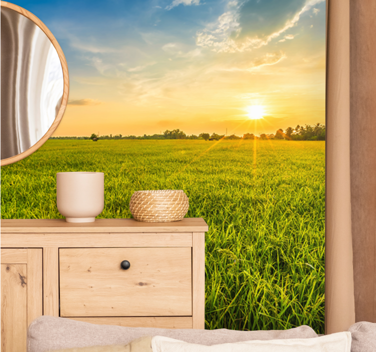 Fotomurais de paisagens pôr do sol sobre campos verdes - TenStickers