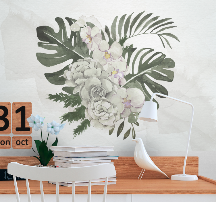 Fotomurais flores Cores pastel monstera folhas e rosas - TenStickers