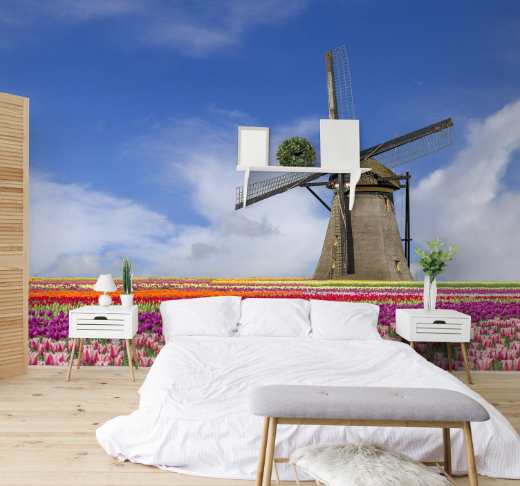 Mural de parede decorativo de campo túlipas e moinho de vento - TenStickers