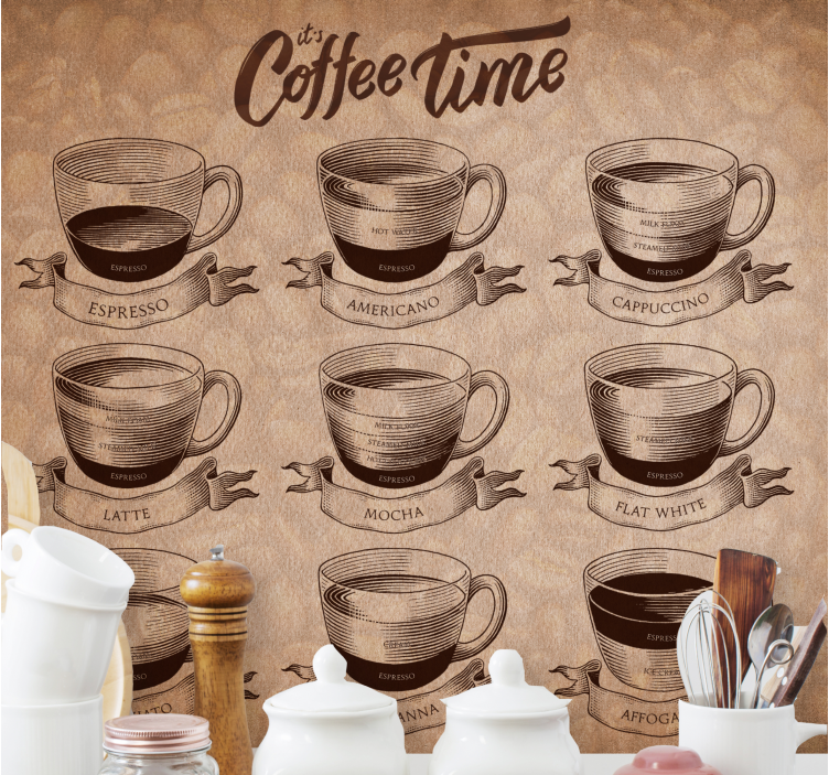 Hora do café com fotomural de parede de frase de ingredi - TenStickers