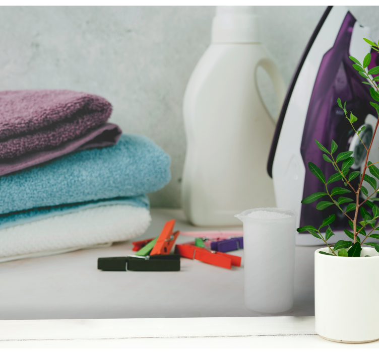 Mural de parede cozinha exibe itens essenciais de lavanderia - TenStickers