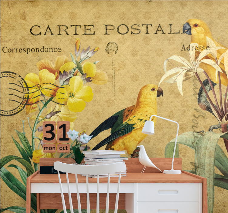 Mural de parede flores com papagaios e flora vintage - TenStickers