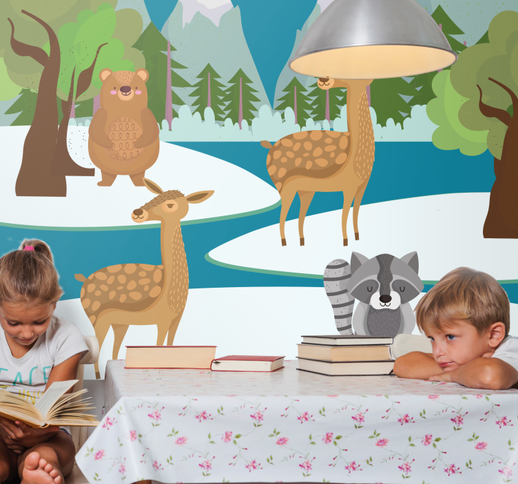 Mural de parede infantil cena de animais da floresta - TenStickers
